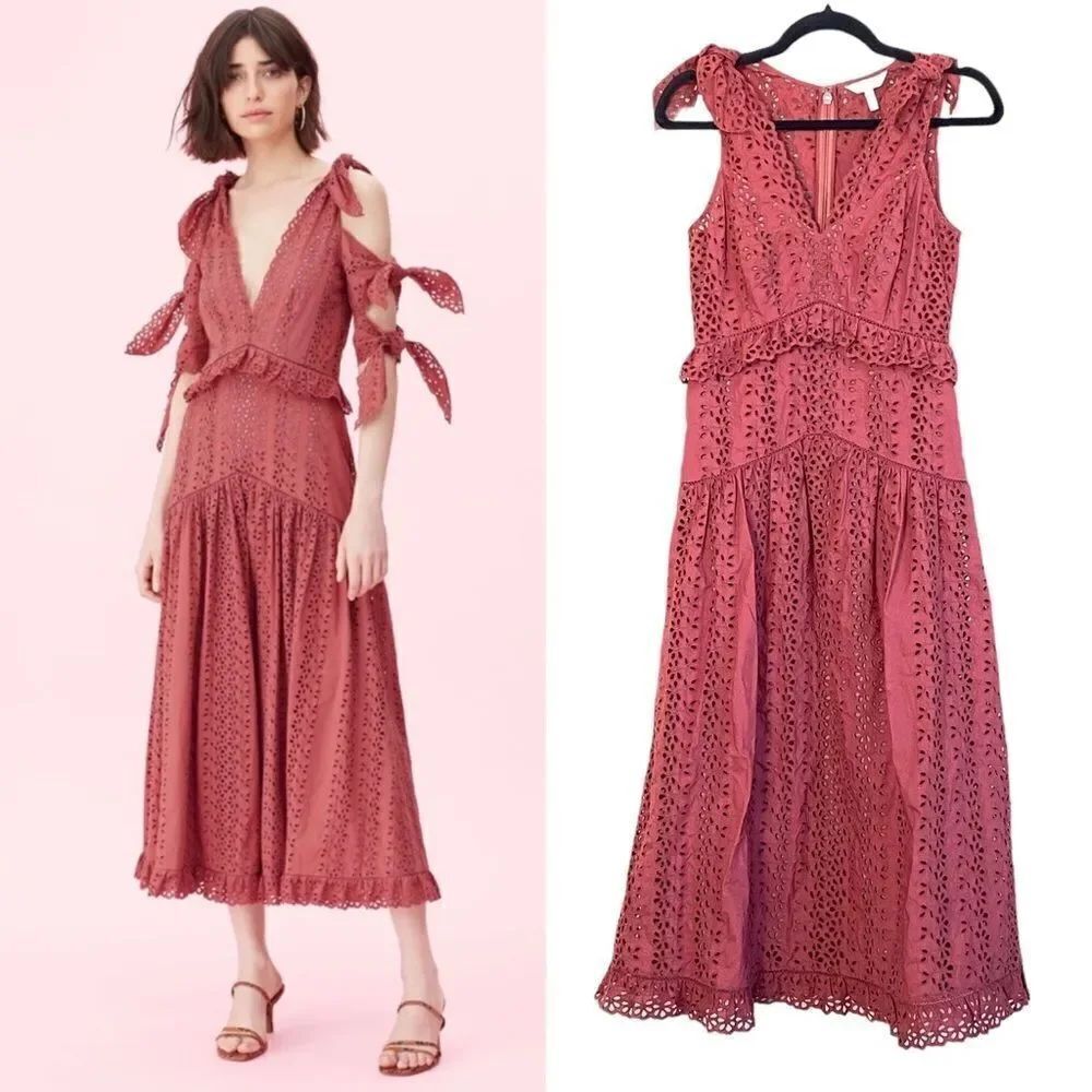 Rebecca Taylor Karina Altered Shoulder Tie Eyelet Lace Midi Dress Sz 0